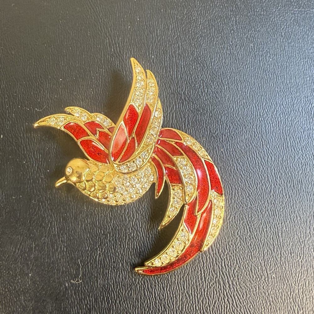 Vintage Giorgio Gold-Tone Red & Clear Rhinestone Phoenix Cardinal Bird Brooch